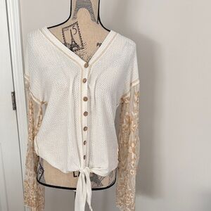 Miss Me Boho Waffle Knit Lace Bell Sleeve Tie Front Blouse Cream Size Large